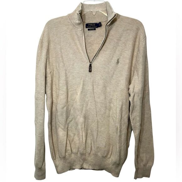 Polo Ralph Lauren mens pullover sweater brown large Pima cotton 1/4 zip pony tan - Picture 11 of 11